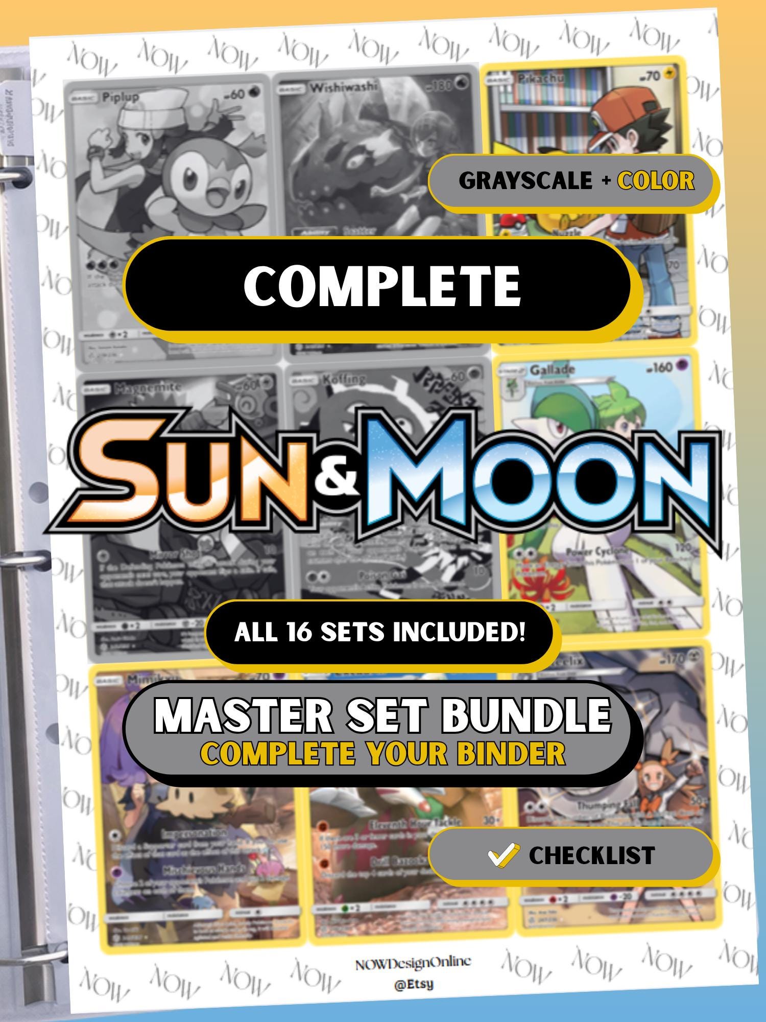 Sun & Moon Complete master set bundle binder page showing grayscale and color Pokémon cards, designed as a digital download with checklist to complete a collector’s binder.