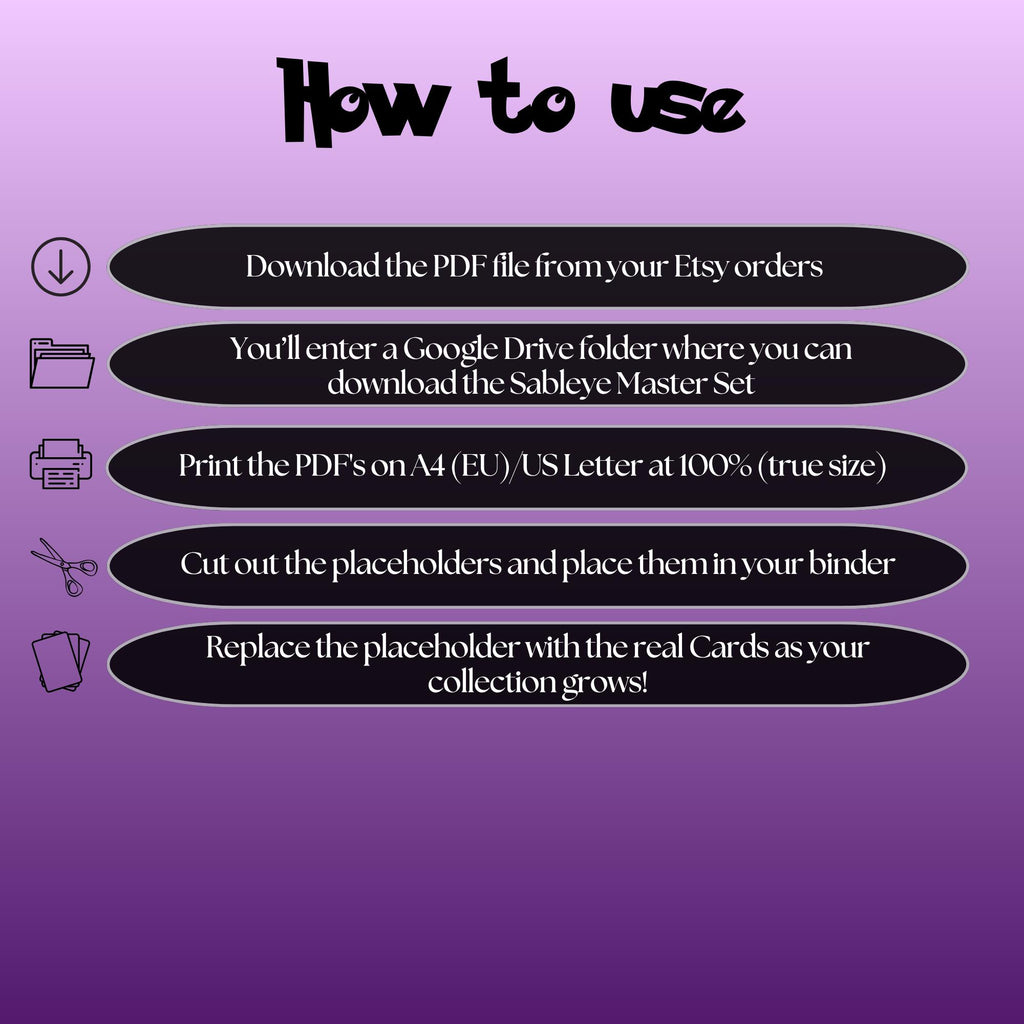 Sableye cards digital download instructions explaining how to print, cut, and place placeholders in a Pokémon binder.