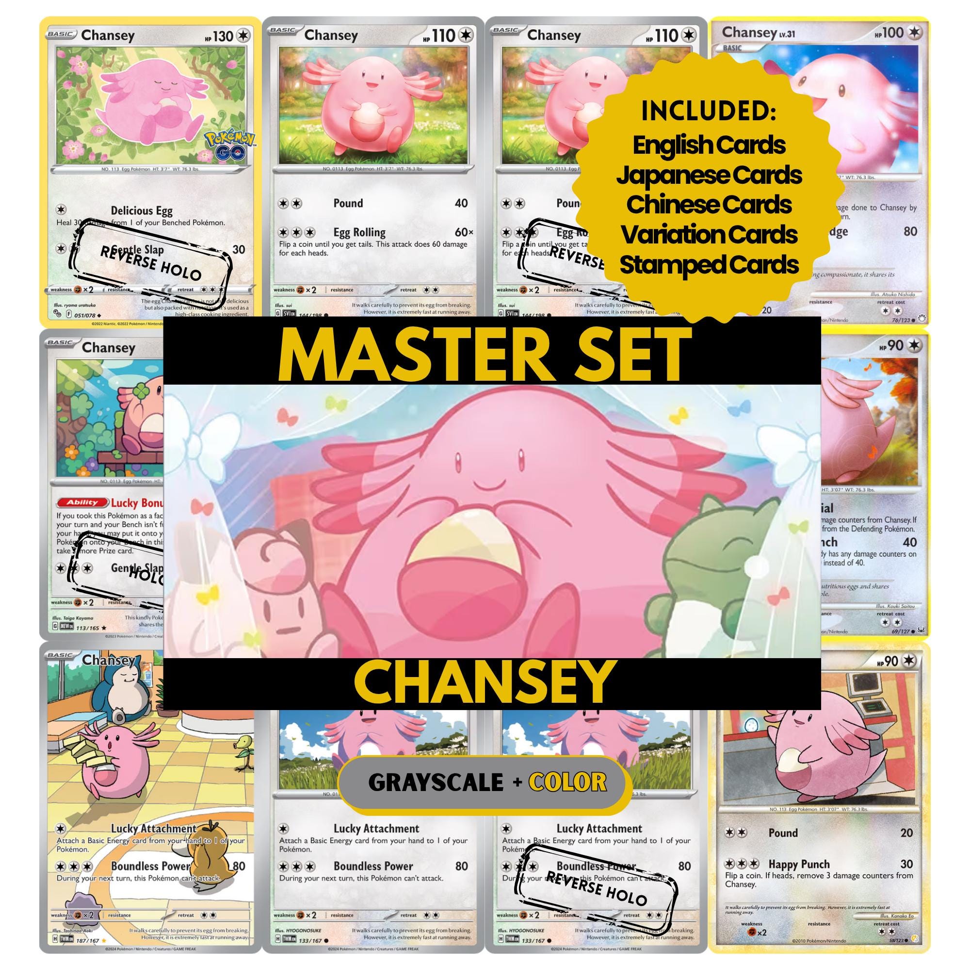 Chansey binder pages set showing grayscale and color Pokémon cards, designed as a digital download to complete a collector’s binder.