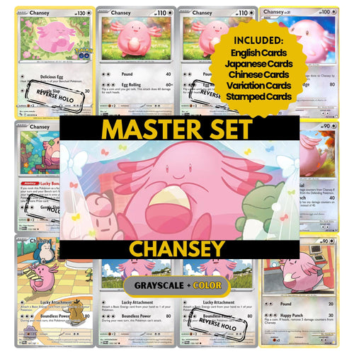 Chansey binder pages set showing grayscale and color Pokémon cards, designed as a digital download to complete a collector’s binder.