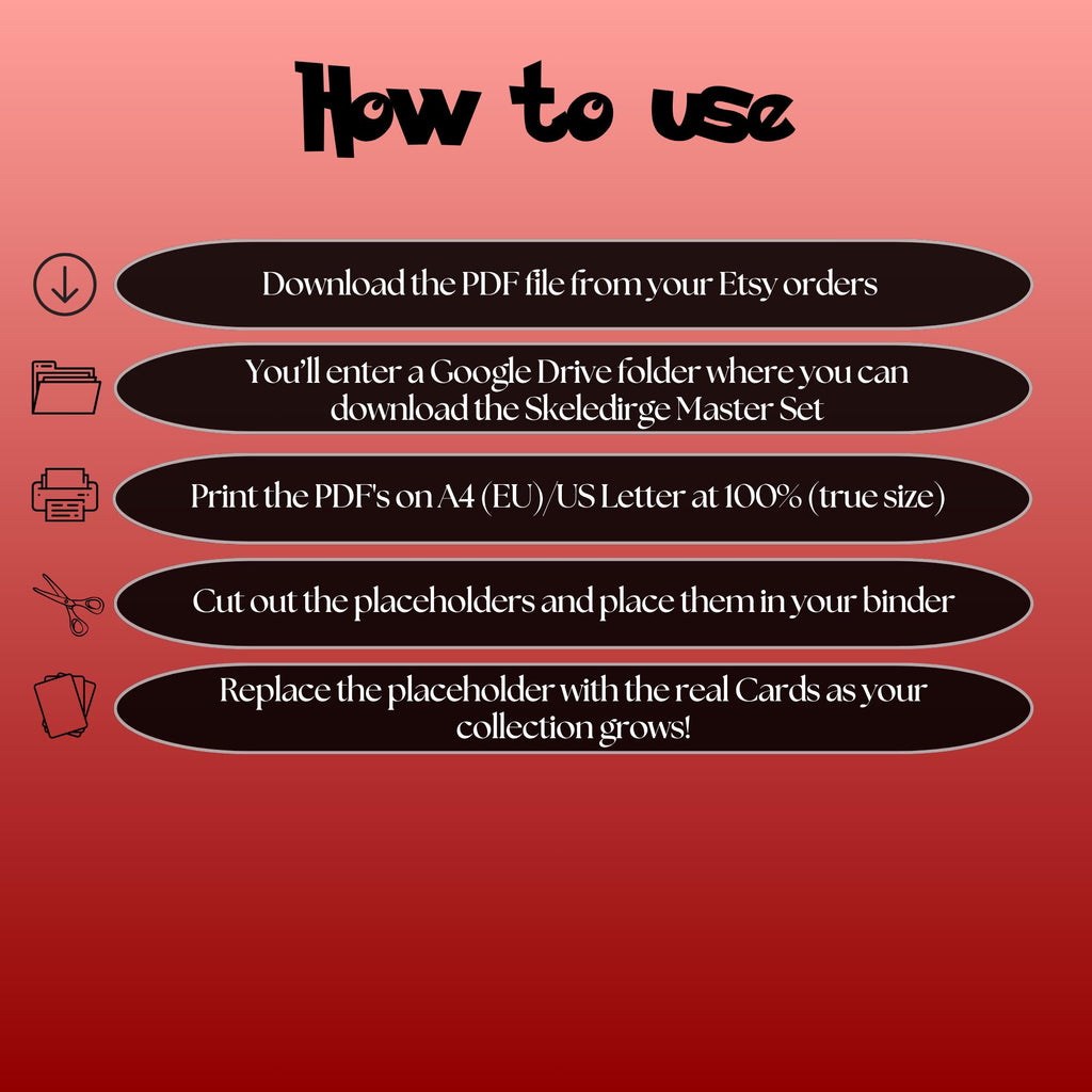 Skeledirge cards digital download instructions explaining how to print, cut, and place placeholders in a Pokémon binder.