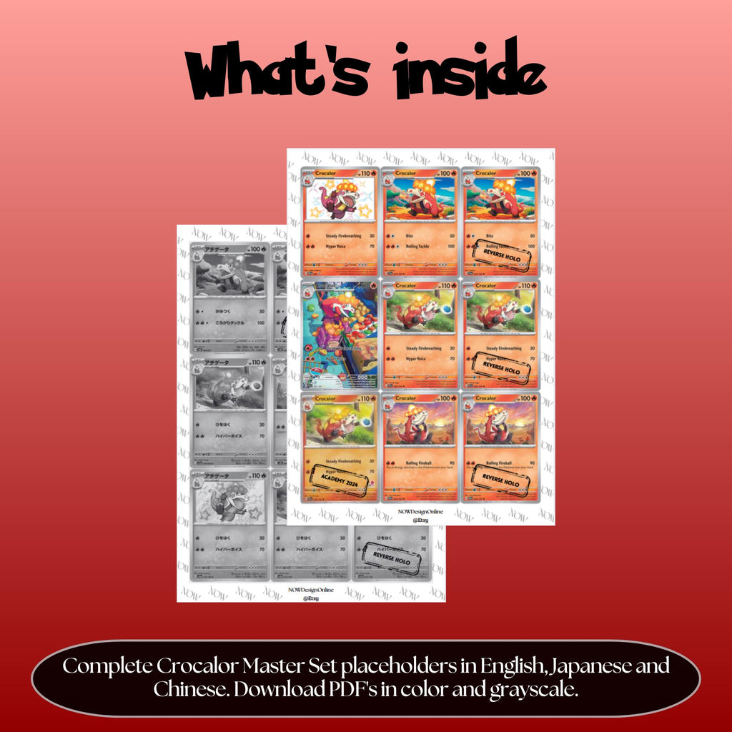 Crocalor binder pages set overview showing the included Pokémon cards to print and cut for your binder sleeves.