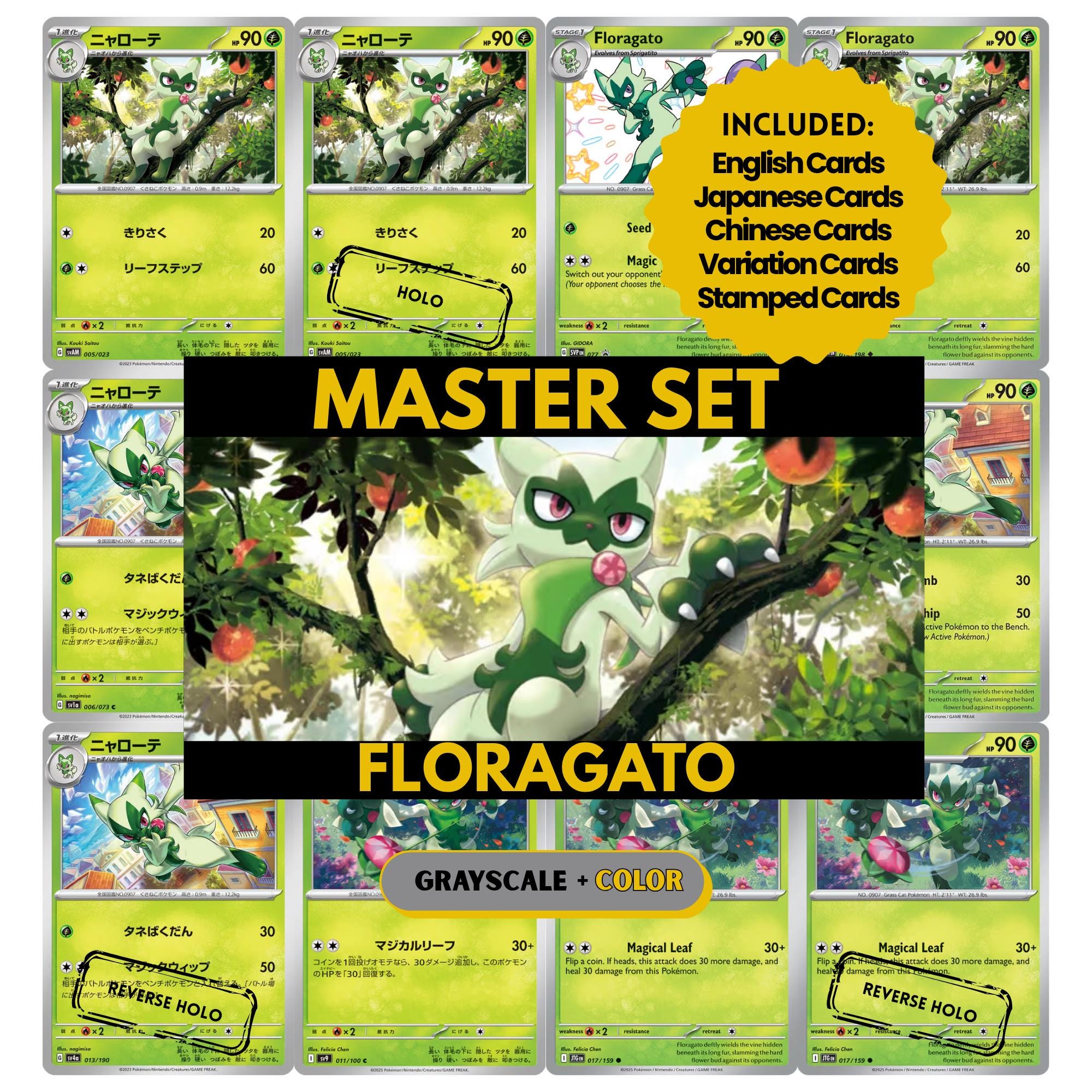 Floragato binder pages set showing grayscale and color Pokémon cards, designed as a digital download to complete a collector’s binder.