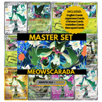 Meowscarada binder pages set showing grayscale and color Pokémon cards, designed as a digital download to complete a collector’s binder.