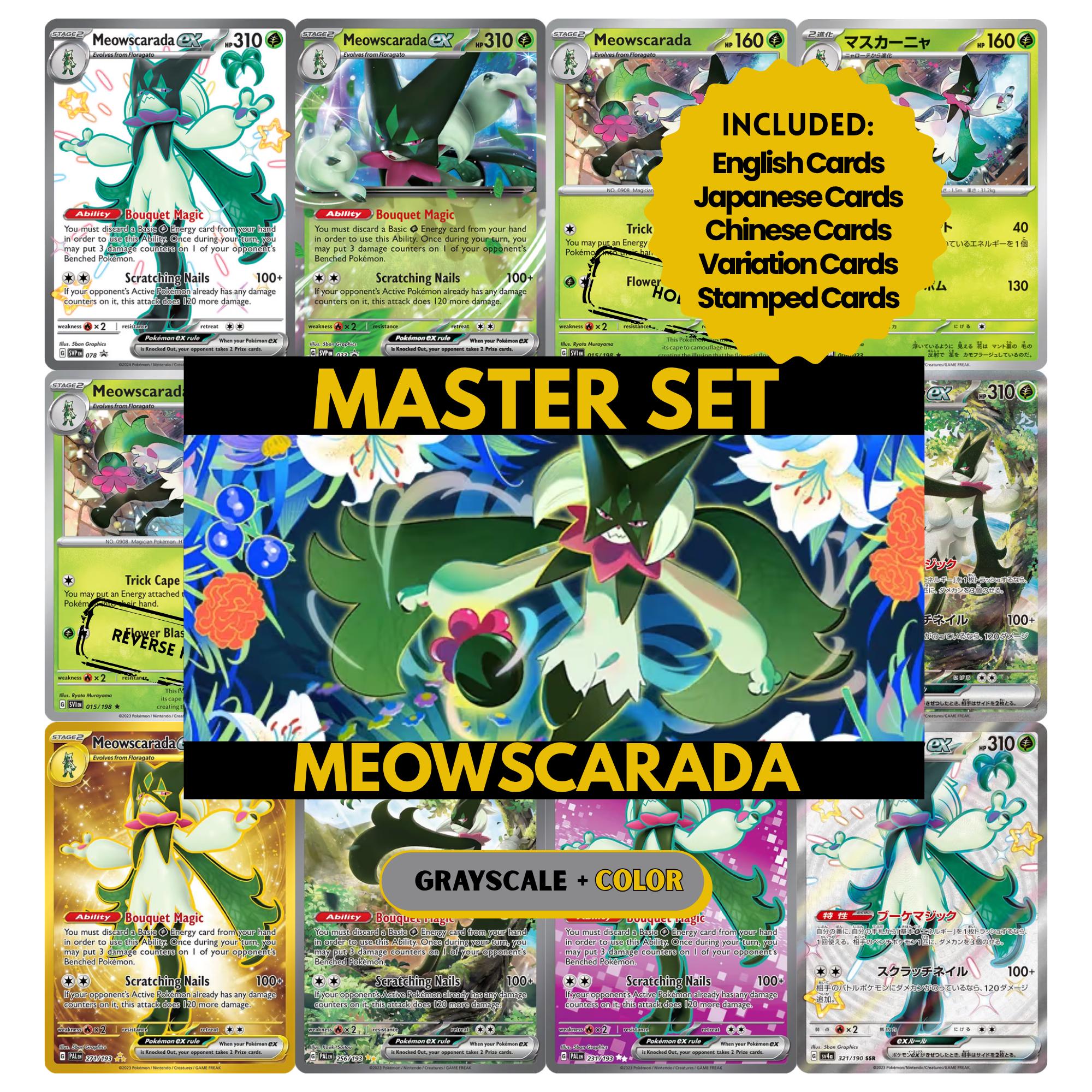 Meowscarada binder pages set showing grayscale and color Pokémon cards, designed as a digital download to complete a collector’s binder.