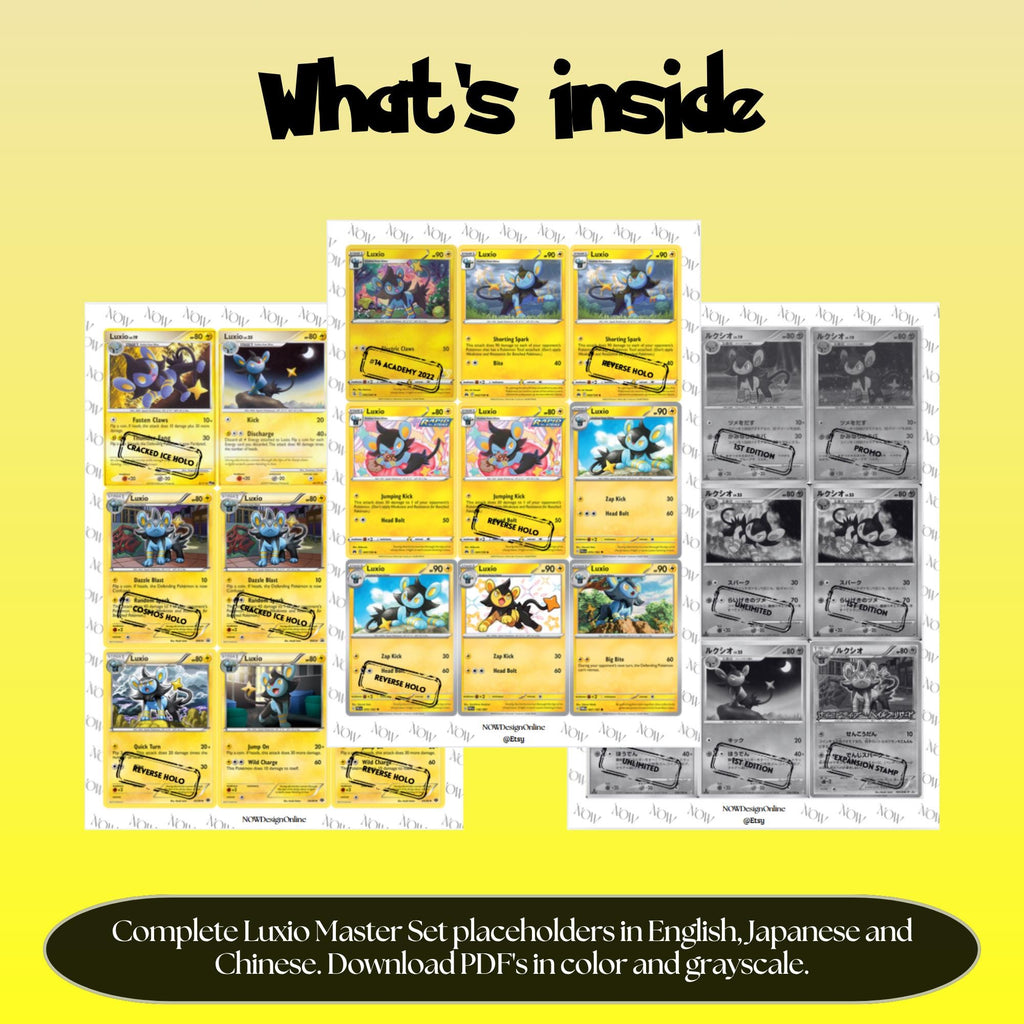Luxio binder pages set overview showing the included Pokémon cards to print and cut for your binder sleeves.