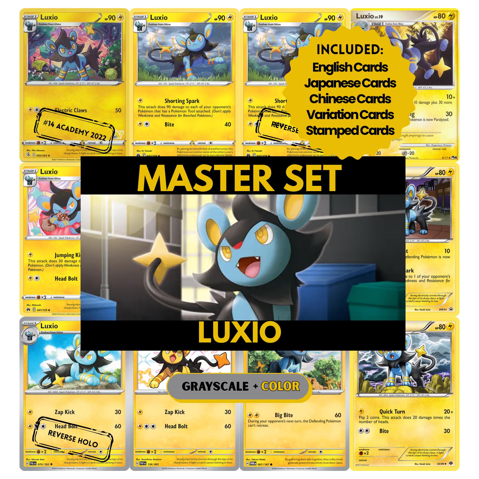 Luxio binder pages set showing grayscale and color Pokémon cards, designed as a digital download to complete a collector’s binder.