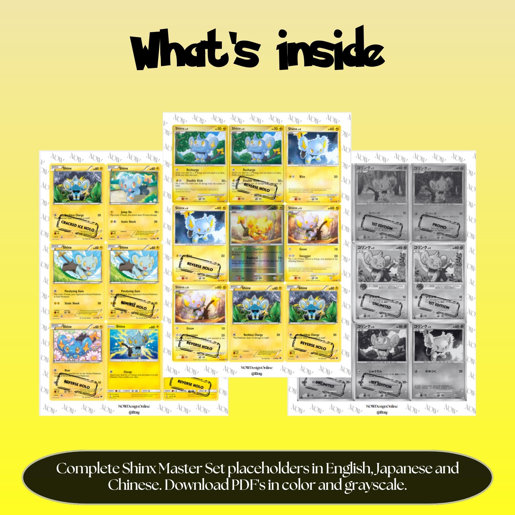 Shinx binder pages set overview showing the included Pokémon cards to print and cut for your binder sleeves.