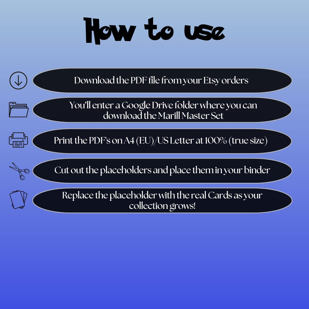 Marill cards digital download instructions explaining how to print, cut, and place placeholders in a Pokémon binder.
