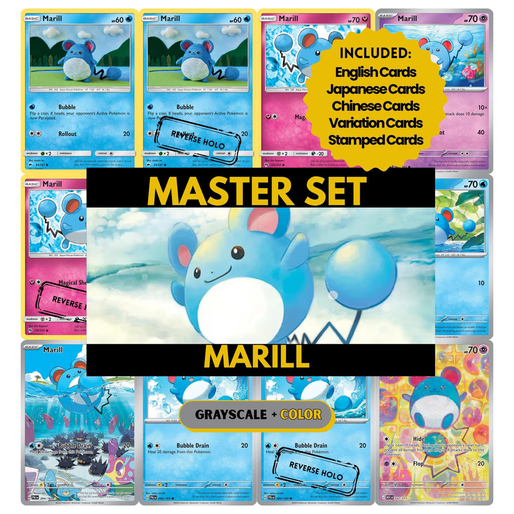 Marill binder pages set showing grayscale and color Pokémon cards, designed as a digital download to complete a collector’s binder.