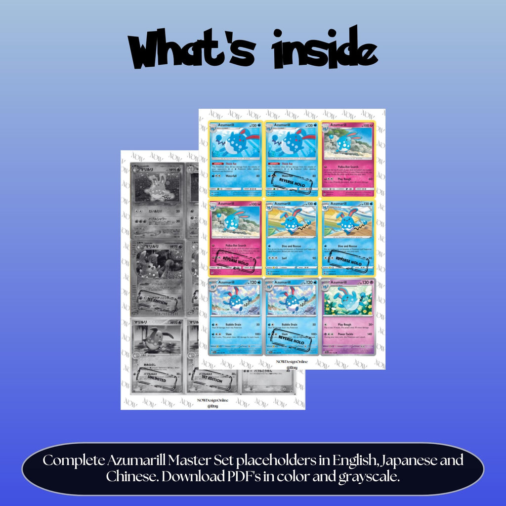 Azumarill binder pages set overview showing the included Pokémon cards to print and cut for your binder sleeves.