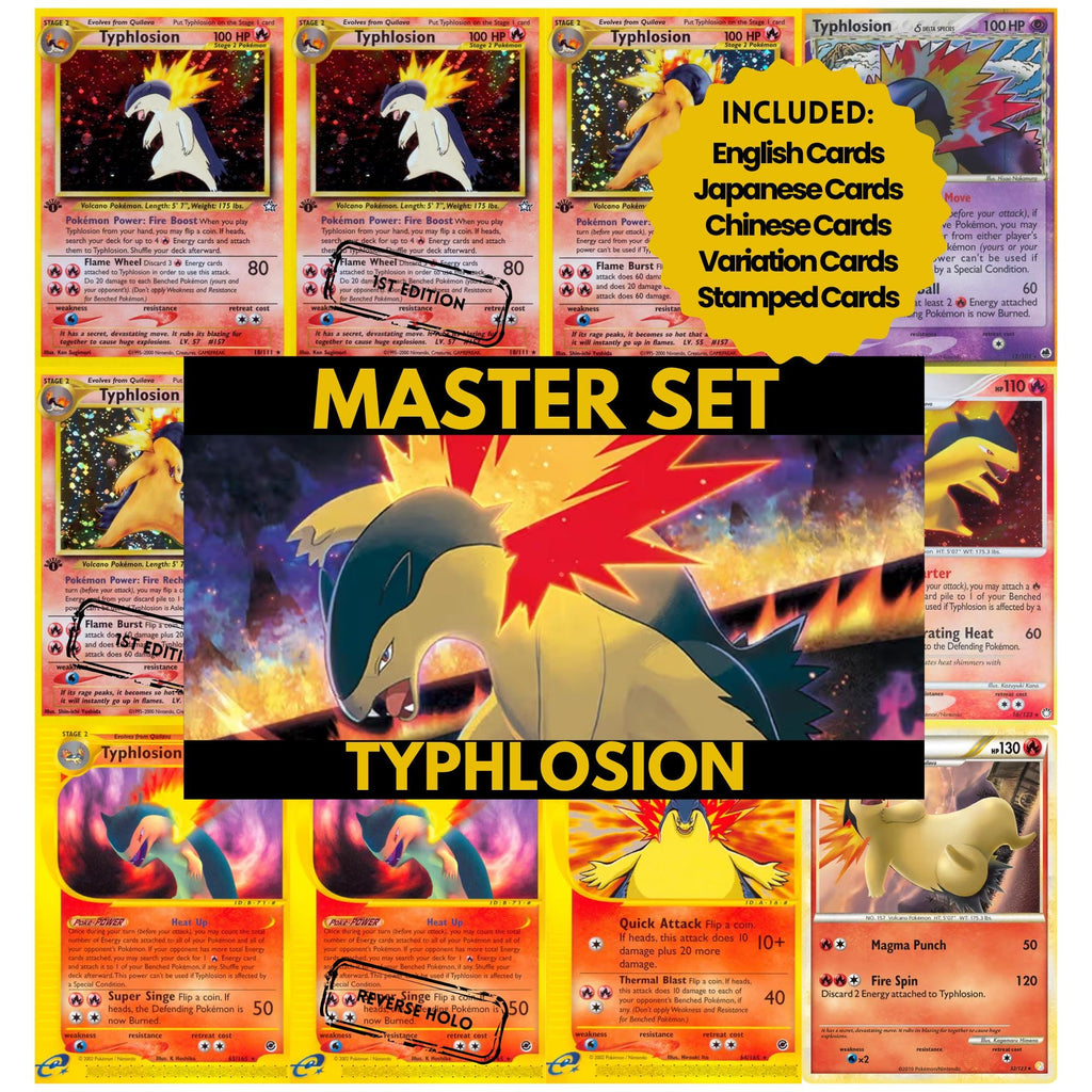 Typhlosion binder pages set showing grayscale and color Pokémon cards, designed as a digital download to complete a collector’s binder.