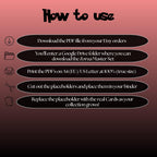 Zorua cards digital download instructions explaining how to print, cut, and place placeholders in a Pokémon binder.
