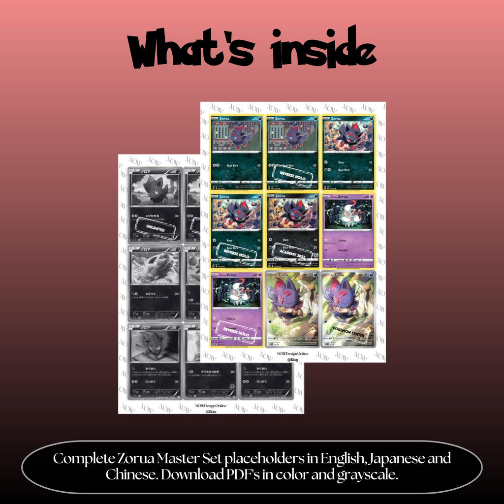 Zorua binder pages set overview showing the included Pokémon cards to print and cut for your binder sleeves.