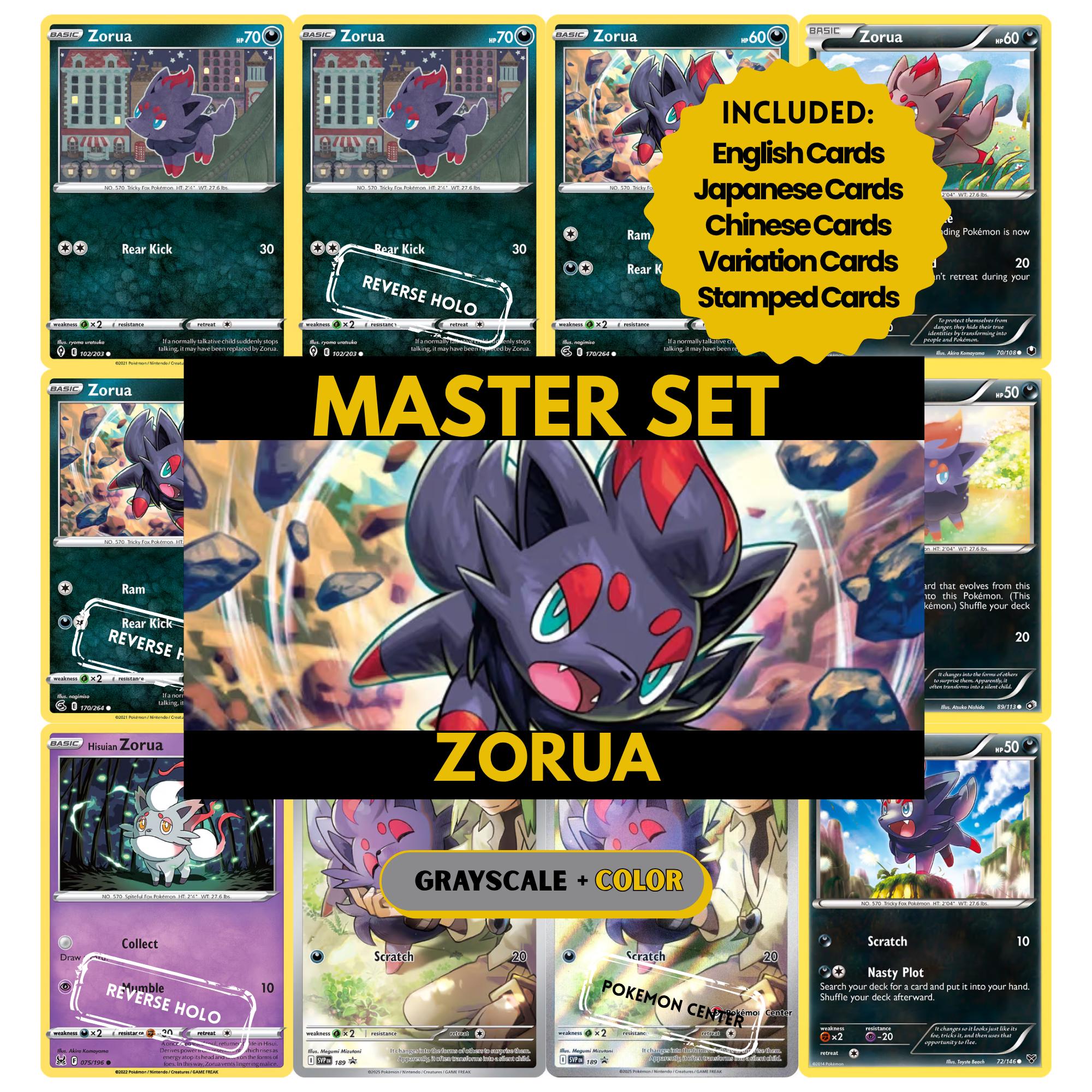 Zorua binder pages set showing grayscale and color Pokémon cards, designed as a digital download to complete a collector’s binder.