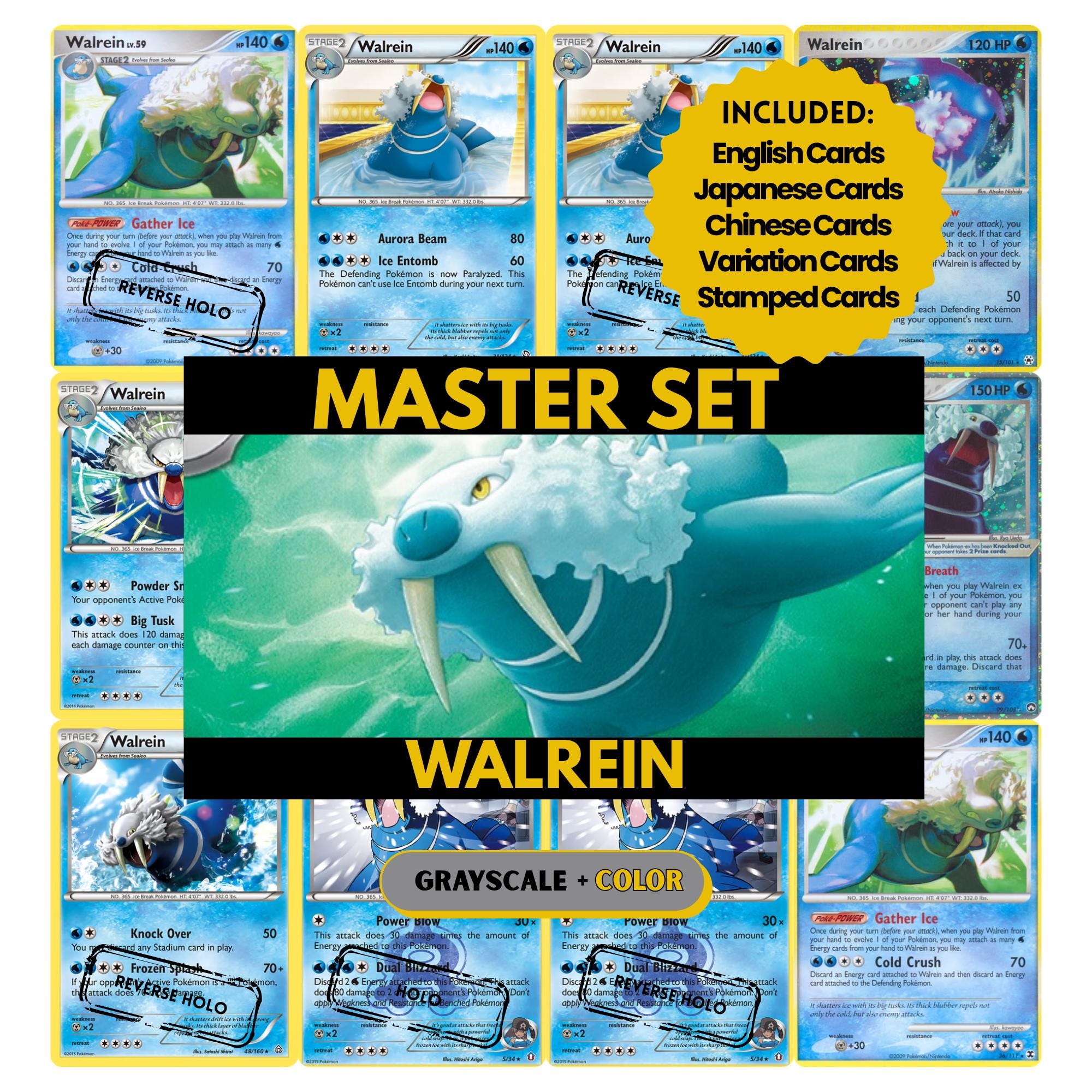 Walrein binder pages set showing grayscale and color Pokémon cards, designed as a digital download to complete a collector’s binder.