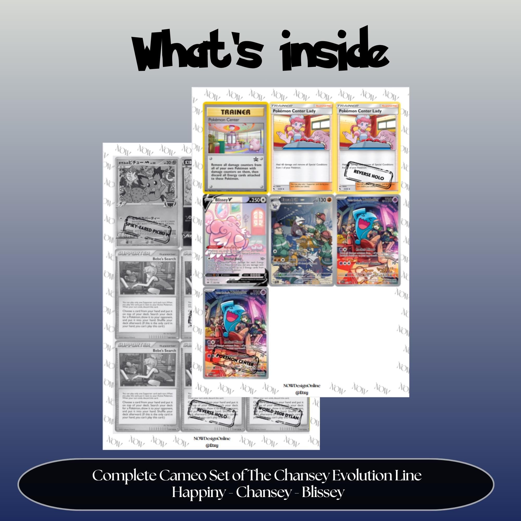 Chansey and Evolutions Cameo binder pages set overview showing the included Pokémon cards to print and cut for your binder sleeves.