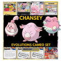 Chansey and Evolutions Cameo binder pages set showing grayscale and color Pokémon cards, designed as a digital download to complete a collector’s binder.