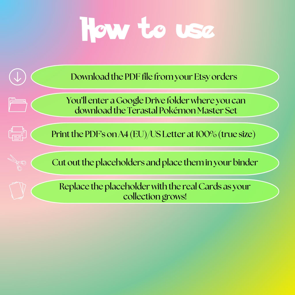 Terastal Pokémon cards digital download instructions explaining how to print, cut, and place placeholders in a Pokémon binder.