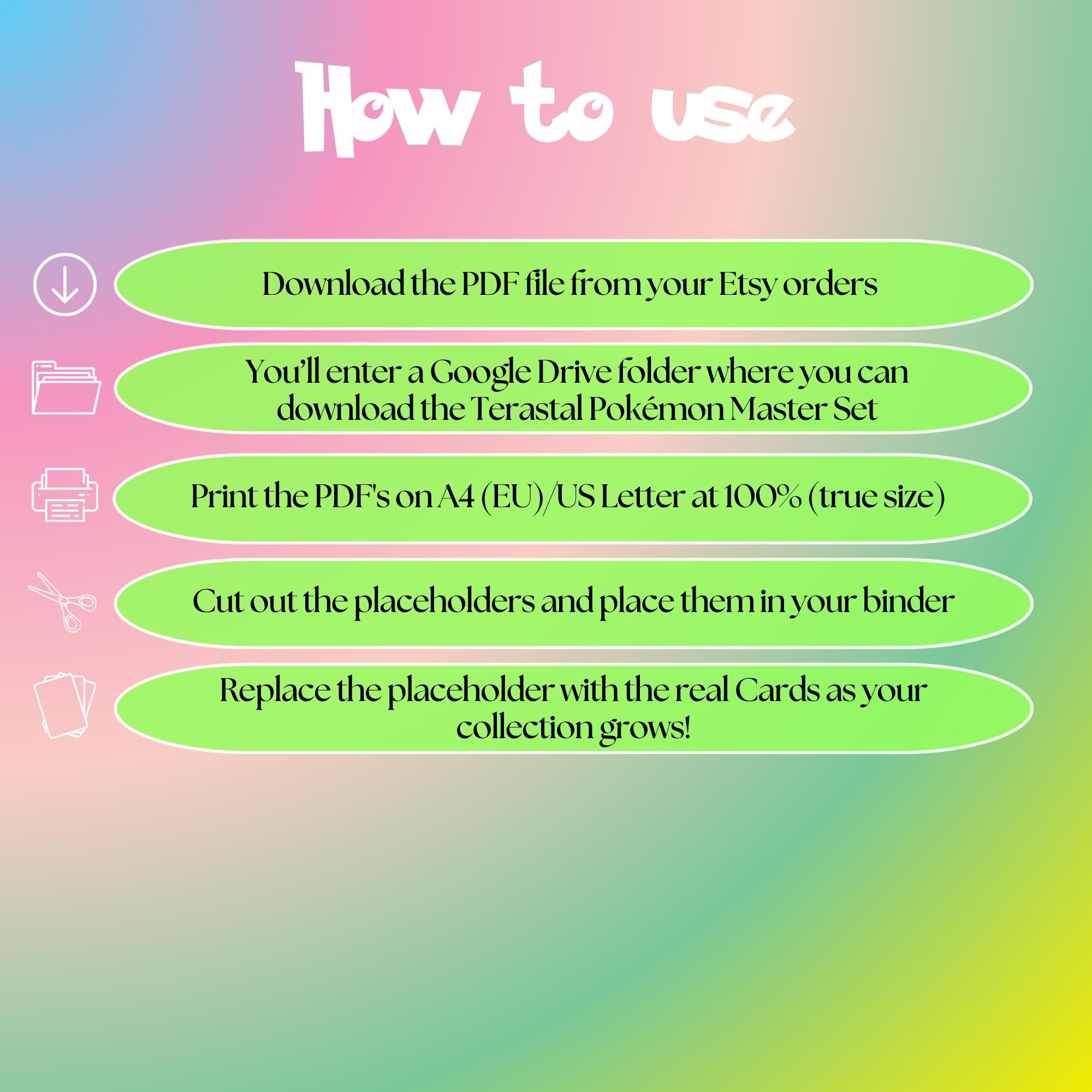 Terastal Pokémon cards digital download instructions explaining how to print, cut, and place placeholders in a Pokémon binder.