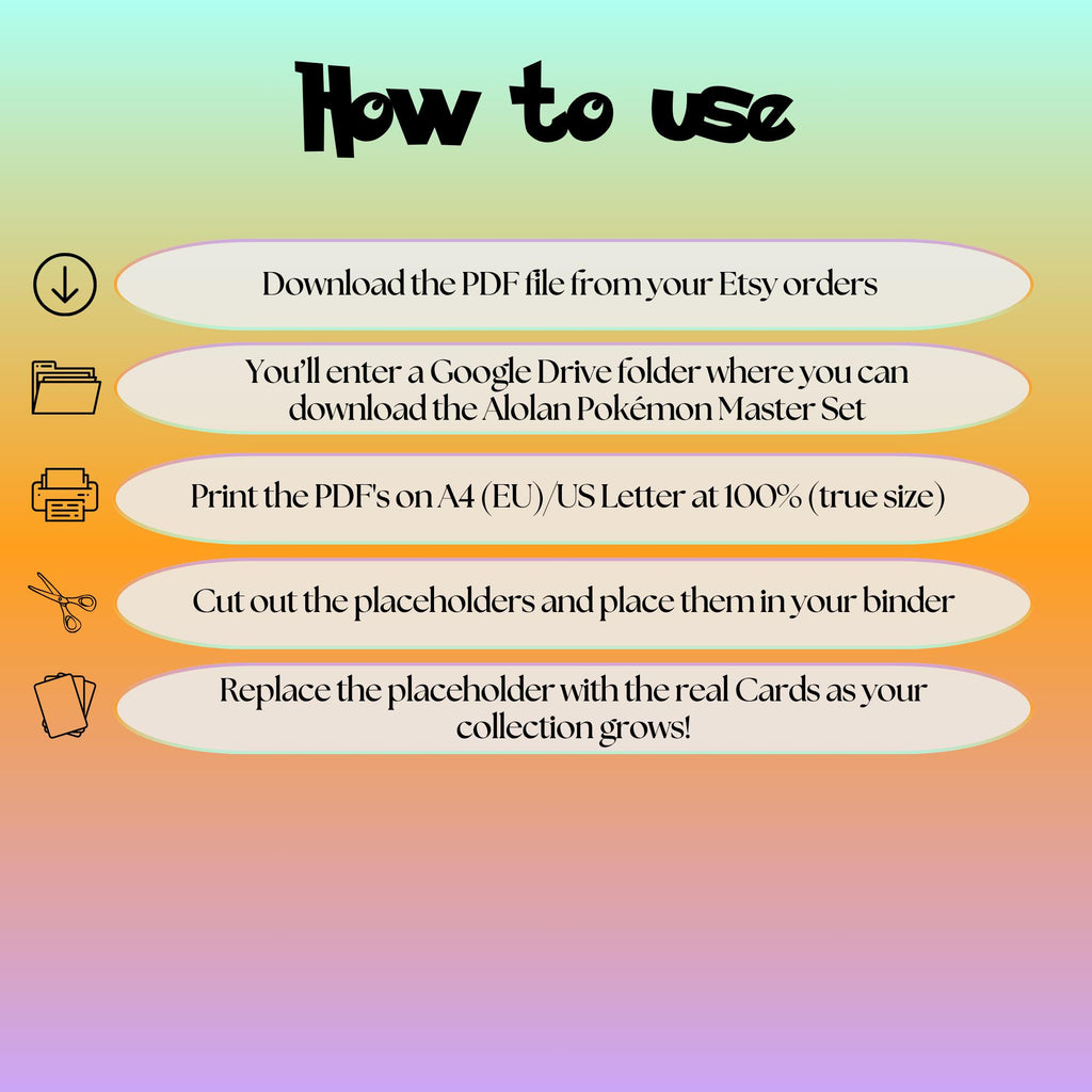 Alolan Pokémon cards digital download instructions explaining how to print, cut, and place placeholders in a Pokémon binder.