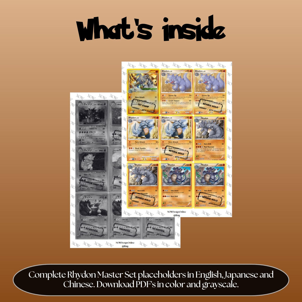 Rhydon binder pages set overview showing the included Pokémon cards to print and cut for your binder sleeves.