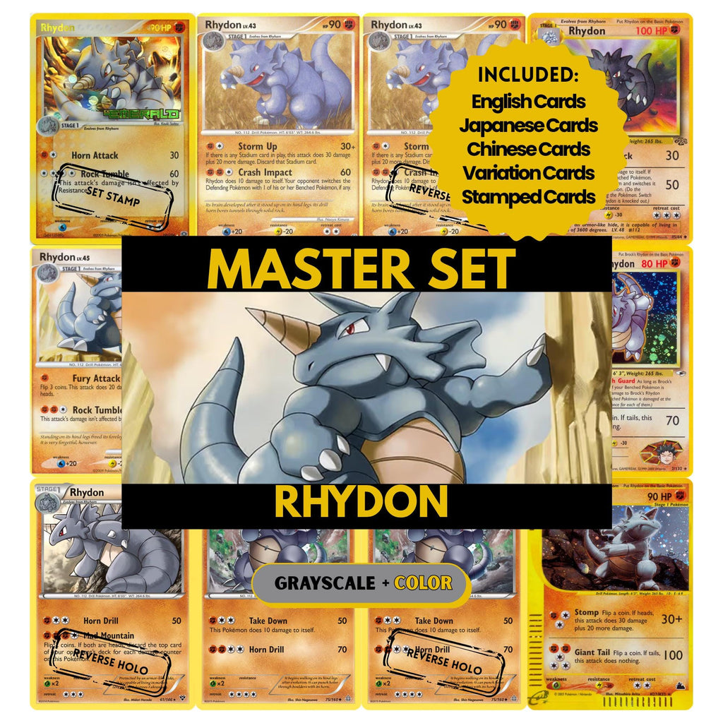 Rhydon binder pages set showing grayscale and color Pokémon cards, designed as a digital download to complete a collector’s binder.