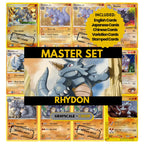 Rhydon binder pages set showing grayscale and color Pokémon cards, designed as a digital download to complete a collector’s binder.