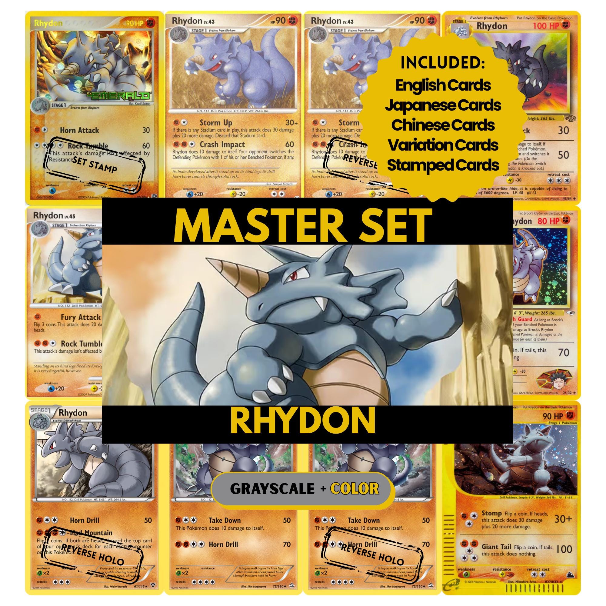 Rhydon binder pages set showing grayscale and color Pokémon cards, designed as a digital download to complete a collector’s binder.