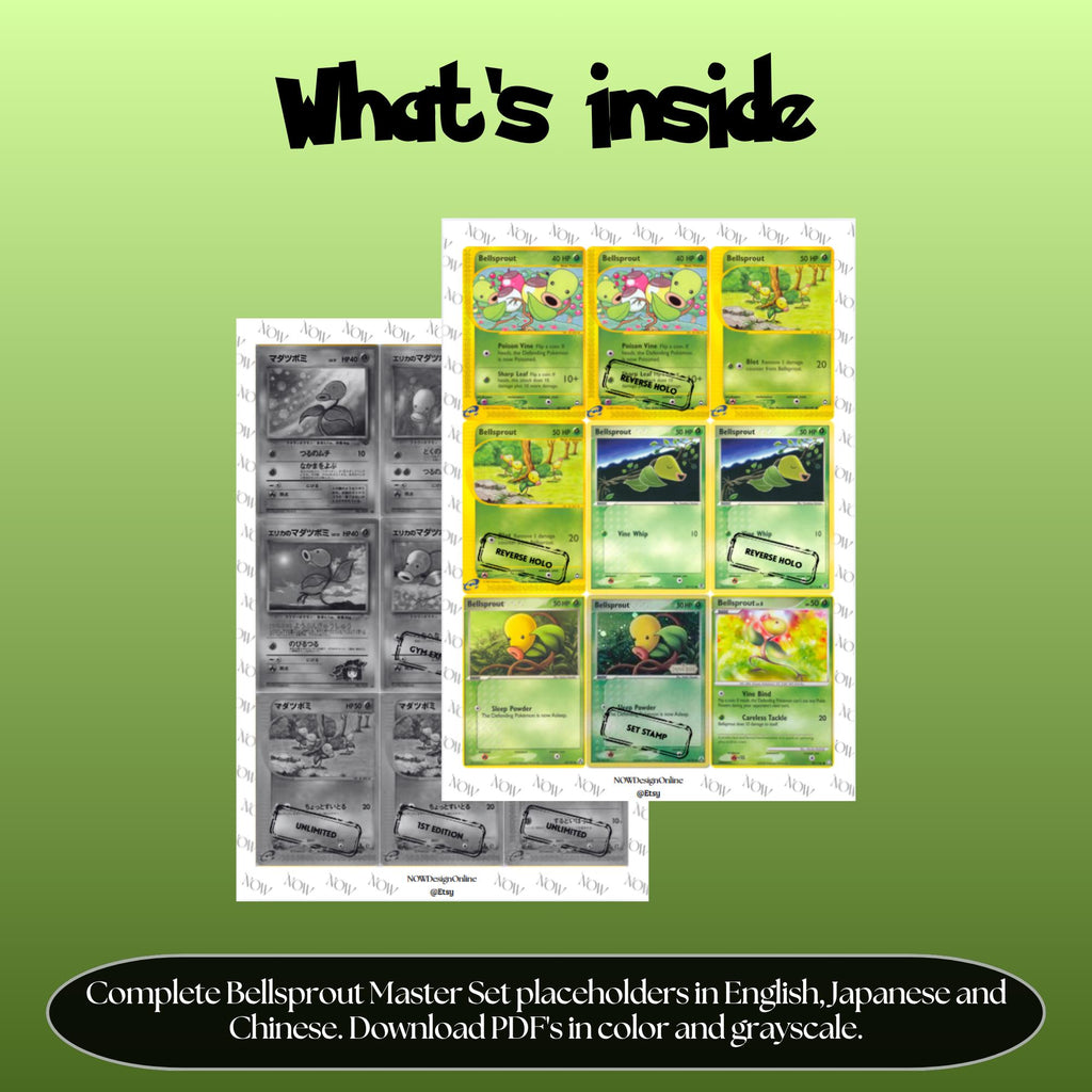 Bellsprout binder pages set overview showing the included Pokémon cards to print and cut for your binder sleeves.