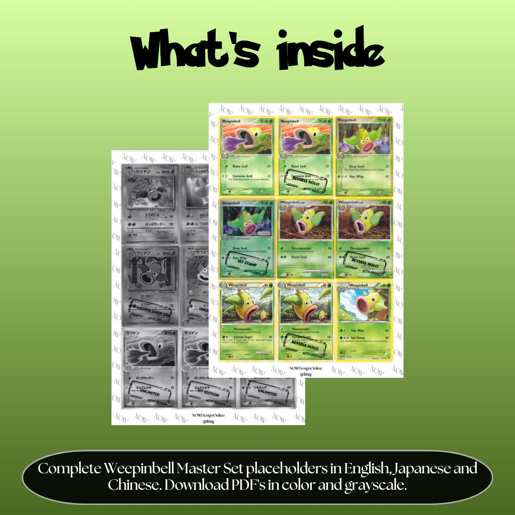Weepinbell binder pages set overview showing the included Pokémon cards to print and cut for your binder sleeves.