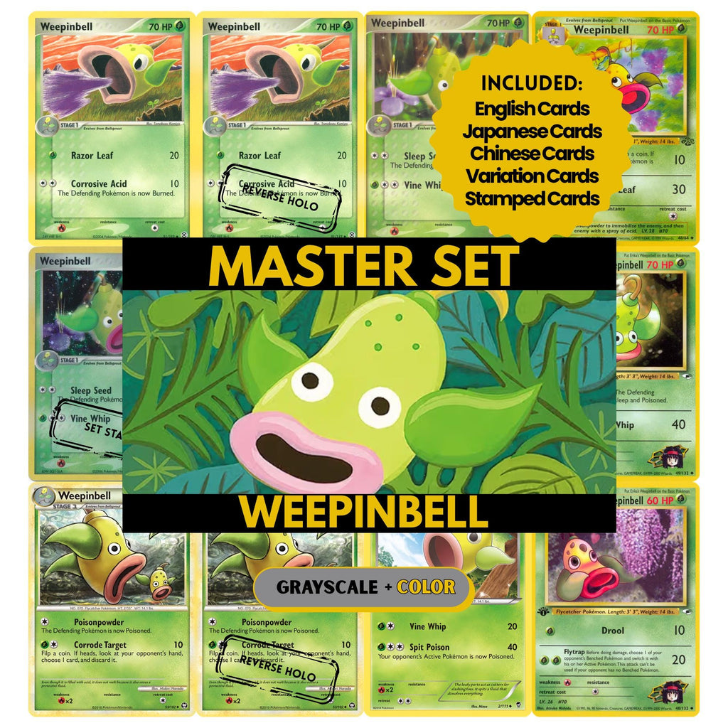 Weepinbell binder pages set showing grayscale and color Pokémon cards, designed as a digital download to complete a collector’s binder.
