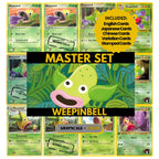 Weepinbell binder pages set showing grayscale and color Pokémon cards, designed as a digital download to complete a collector’s binder.
