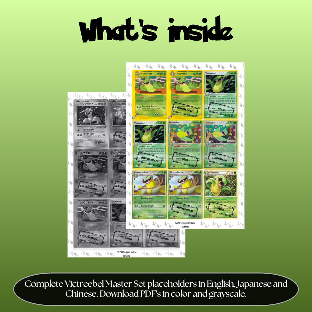 Victreebel binder pages set overview showing the included Pokémon cards to print and cut for your binder sleeves.