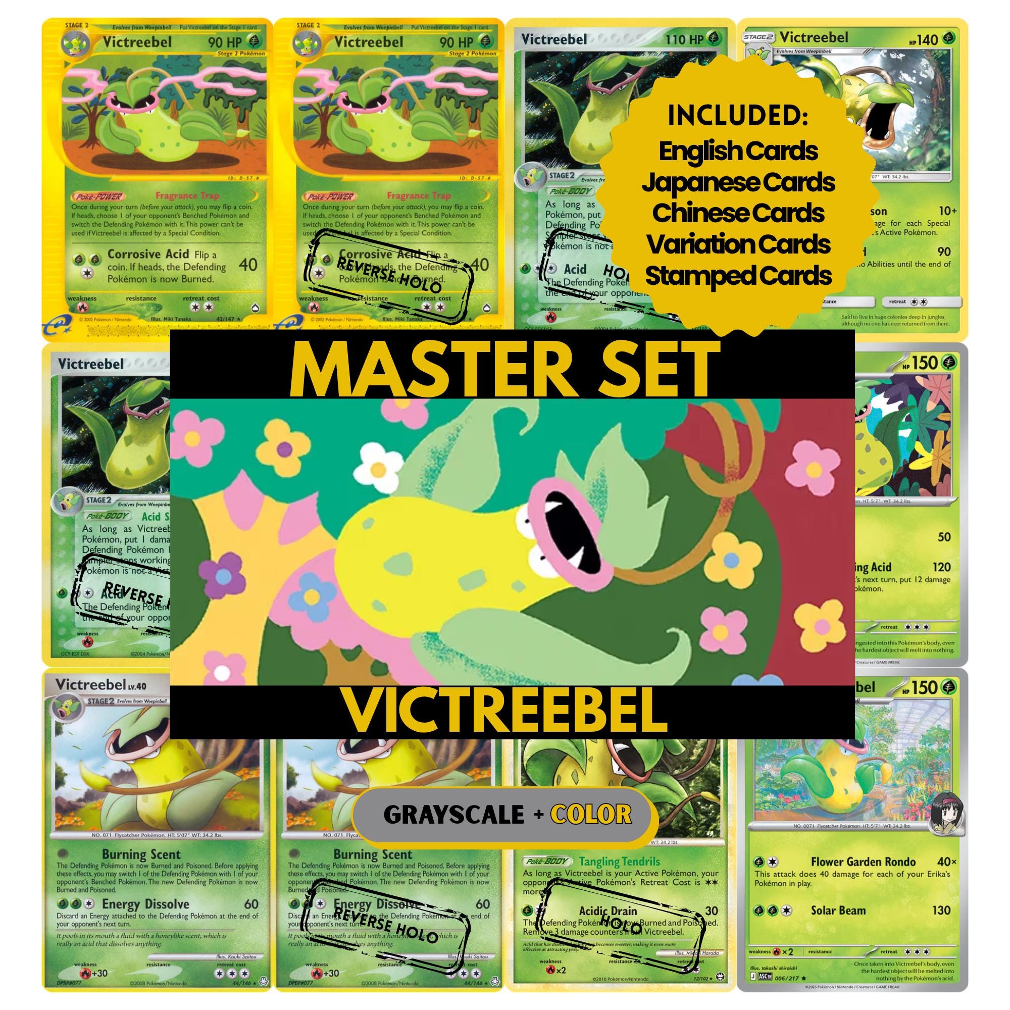 Victreebel binder pages set showing grayscale and color Pokémon cards, designed as a digital download to complete a collector’s binder.