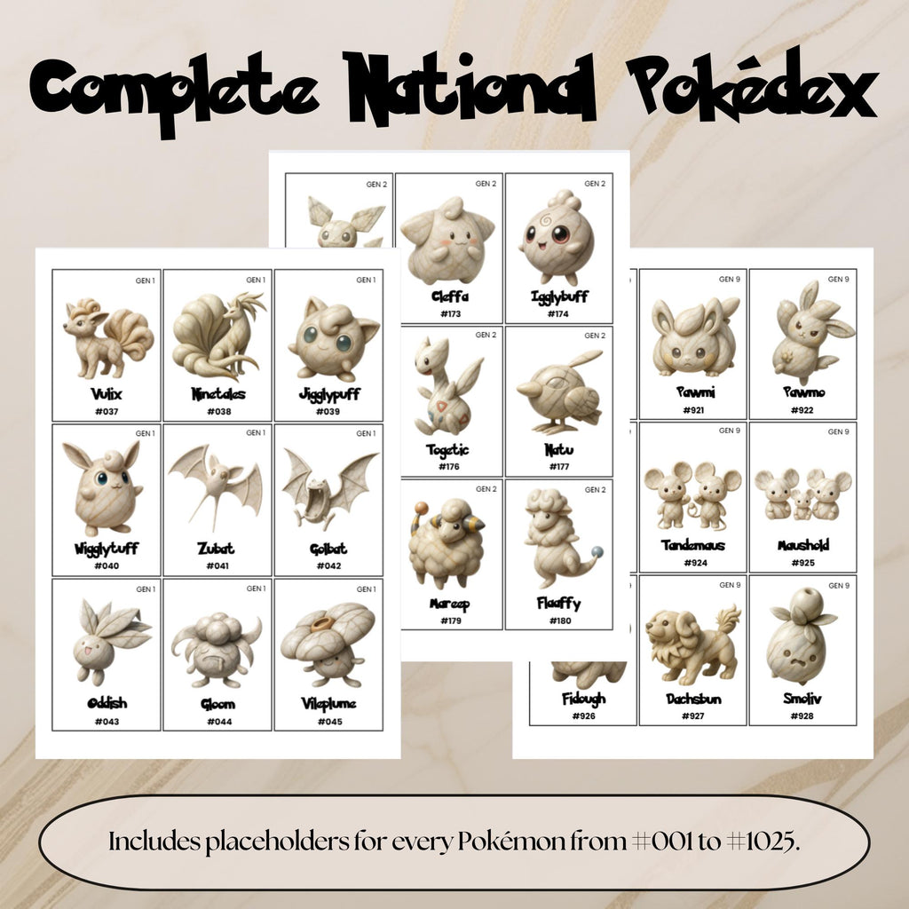 Complete national pokedex placeholders preview showing Pokémon binder inserts from Bulbasaur #001 to  #1025 arranged in Pokédex order