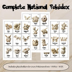 Complete national pokedex placeholders preview showing Pokémon binder inserts from Bulbasaur #001 to  #1025 arranged in Pokédex order