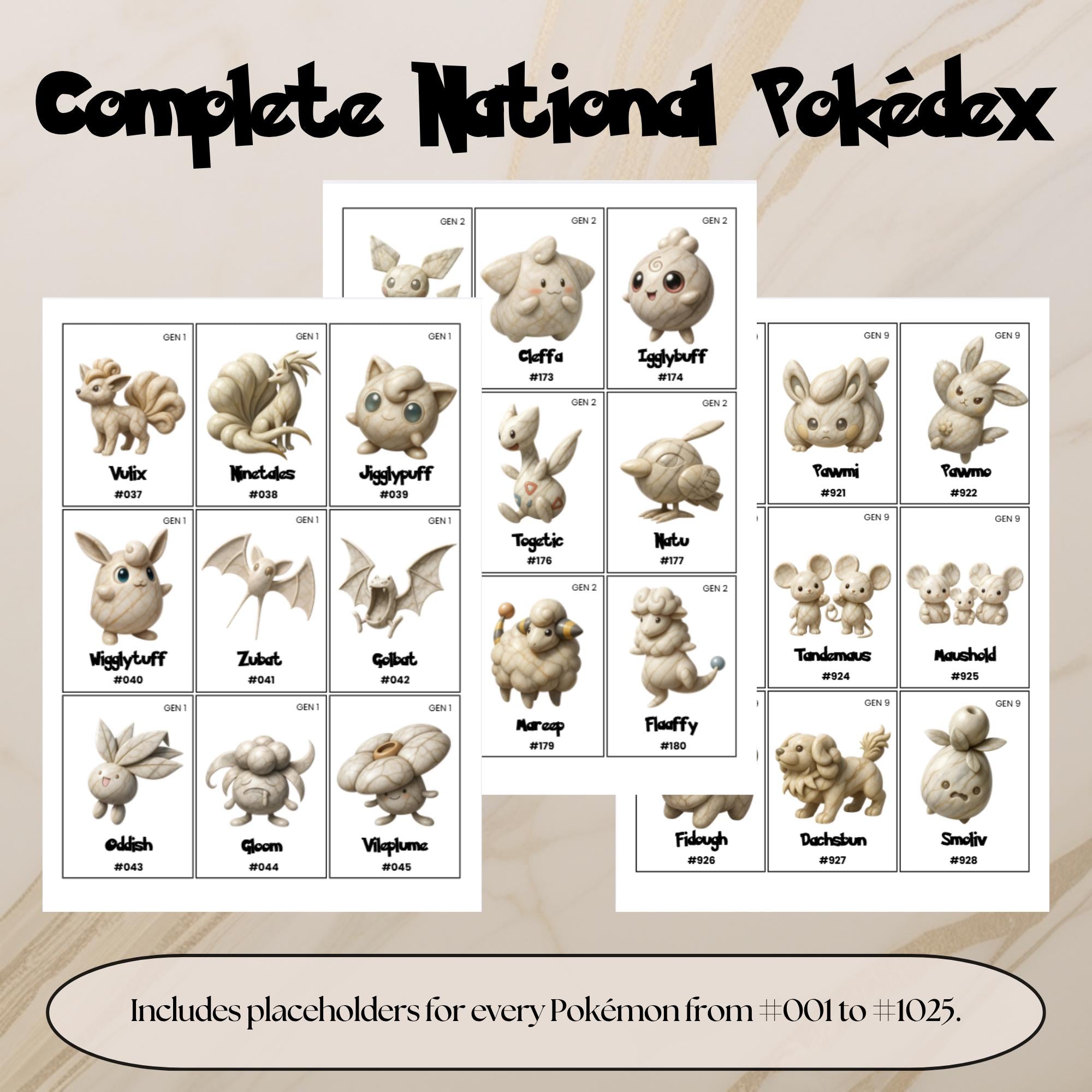Complete national pokedex placeholders preview showing Pokémon binder inserts from Bulbasaur #001 to  #1025 arranged in Pokédex order