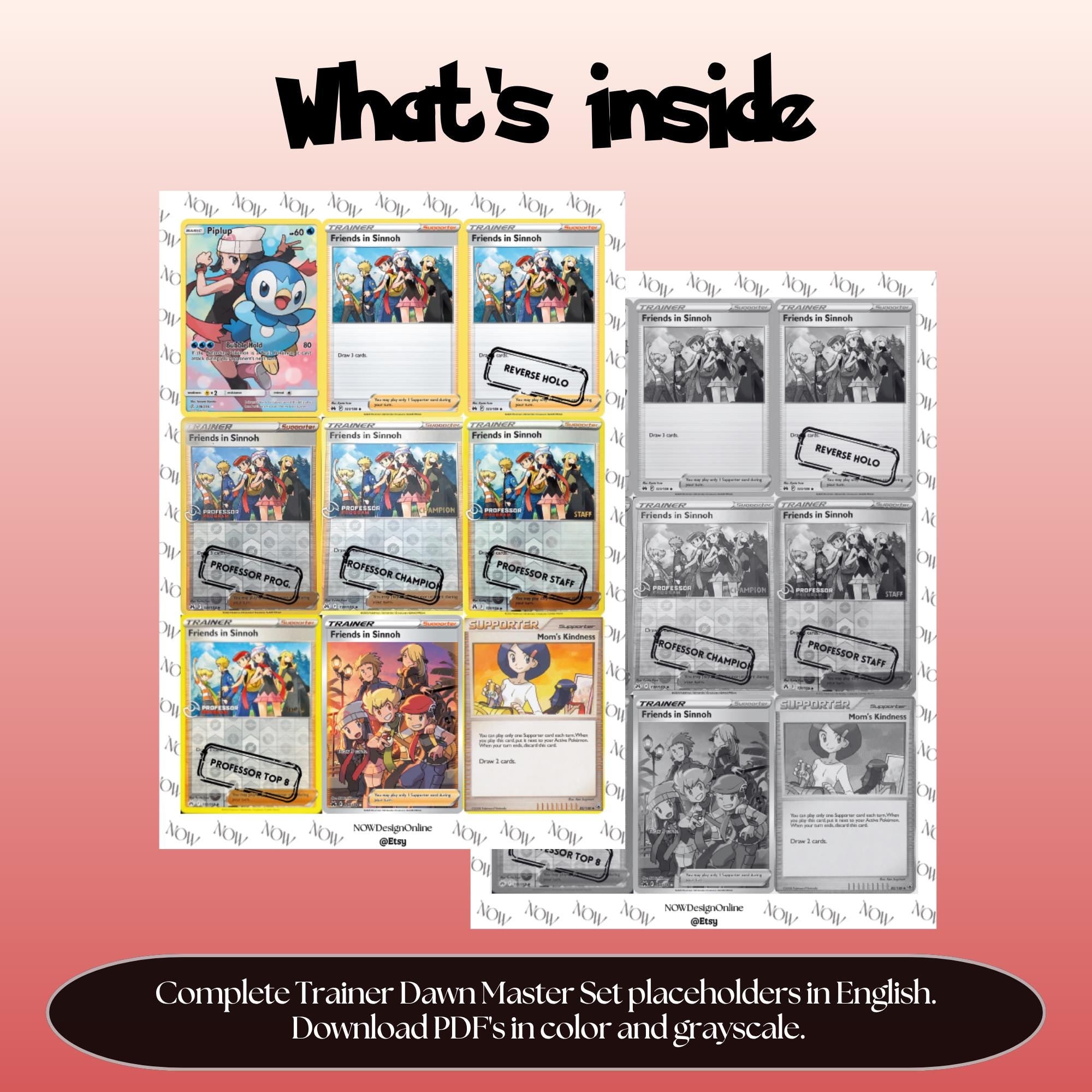 DawnTrainer card binder pages overview showing the included Pokémon Trainer card placeholders to print, cut, and insert into binder sleeves.