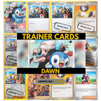 Dawn Trainer card binder pages set showing grayscale and color Pokémon TCG placeholders, designed as a printable digital download to organize a Trainer card binder.