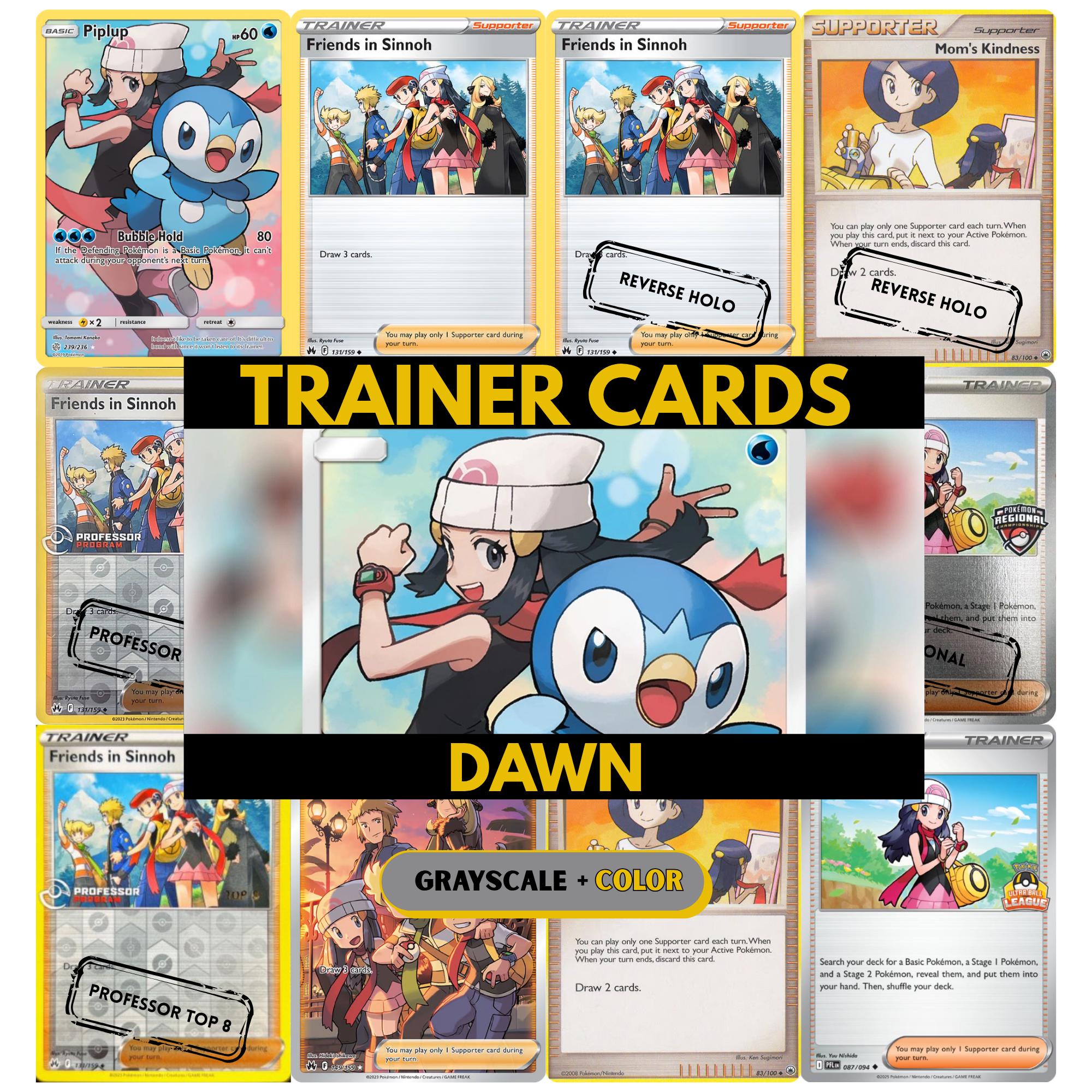 Dawn Trainer card binder pages set showing grayscale and color Pokémon TCG placeholders, designed as a printable digital download to organize a Trainer card binder.