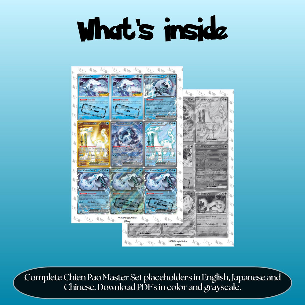 Chien Pao binder pages set overview showing the included Pokémon cards to print and cut for your binder sleeves.
