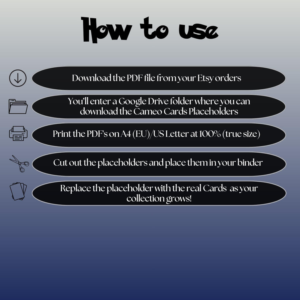 Piplup cameo cards digital download instructions explaining how to print, cut, and place placeholders in a Pokémon binder.