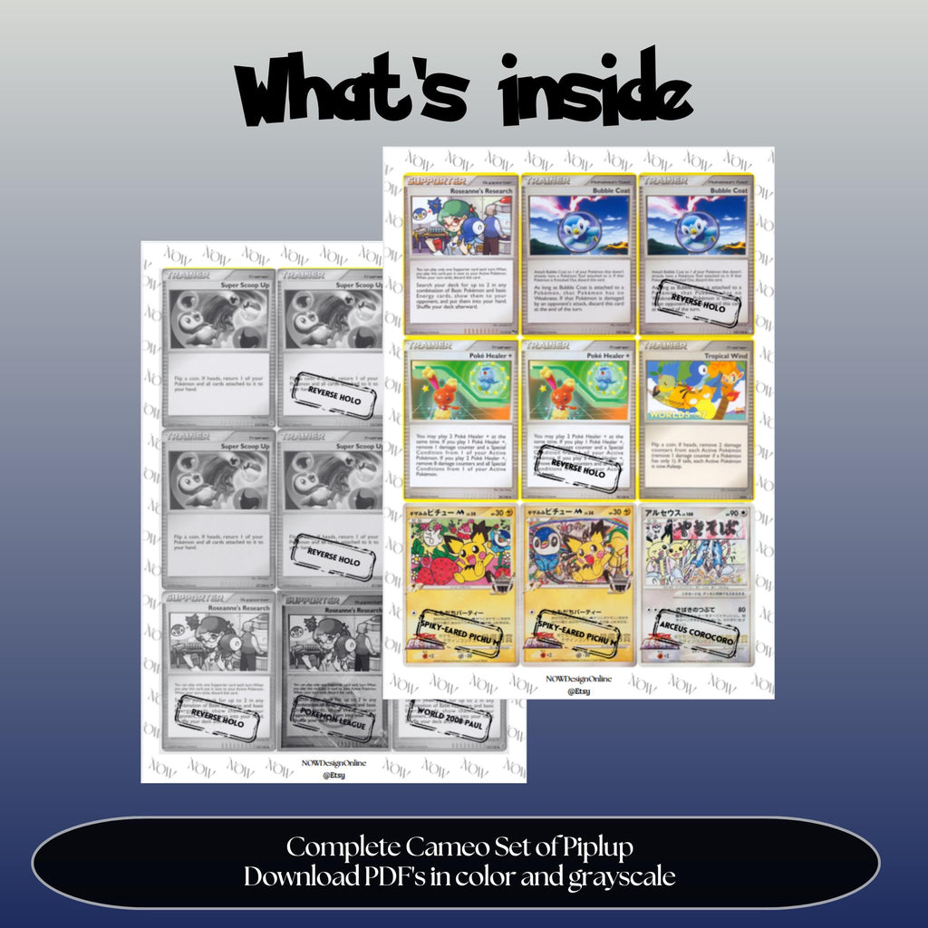 Piplup Cameo binder pages set overview showing the included Pokémon cards to print and cut for your binder sleeves.