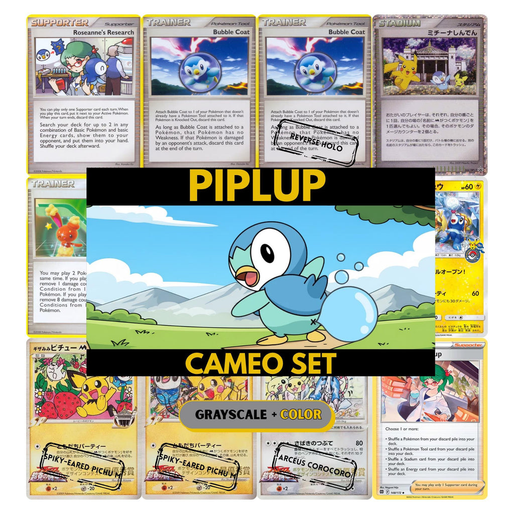 Piplup Cameo binder pages set showing grayscale and color Pokémon cards, designed as a digital download to complete a collector’s binder.