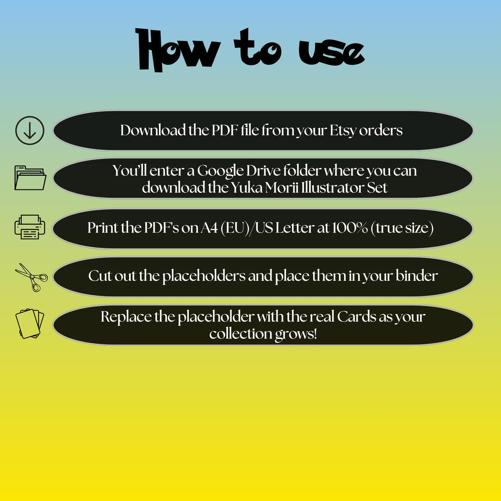 Yuka Morii cards digital download instructions explaining how to print, cut, and place placeholders in a Pokémon binder.