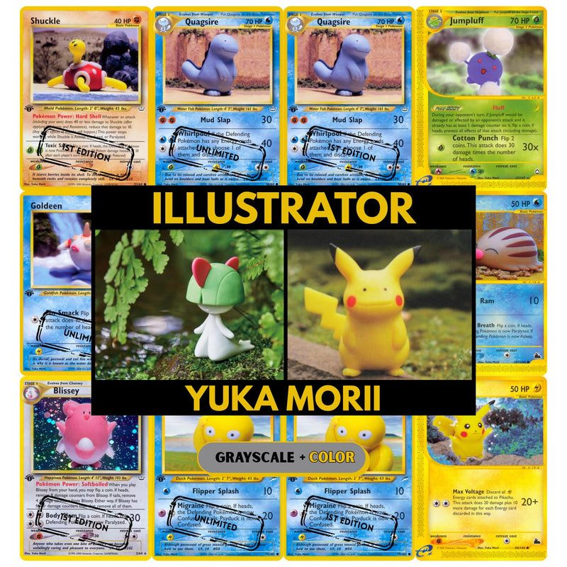 Yuka Morii illustrator binder pages set showing unique Pokémon card artworks in grayscale and color, designed as a digital download to complete a collector’s binder.