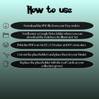 Keiichero Ito cards digital download instructions explaining how to print, cut, and place placeholders in a Pokémon binder.