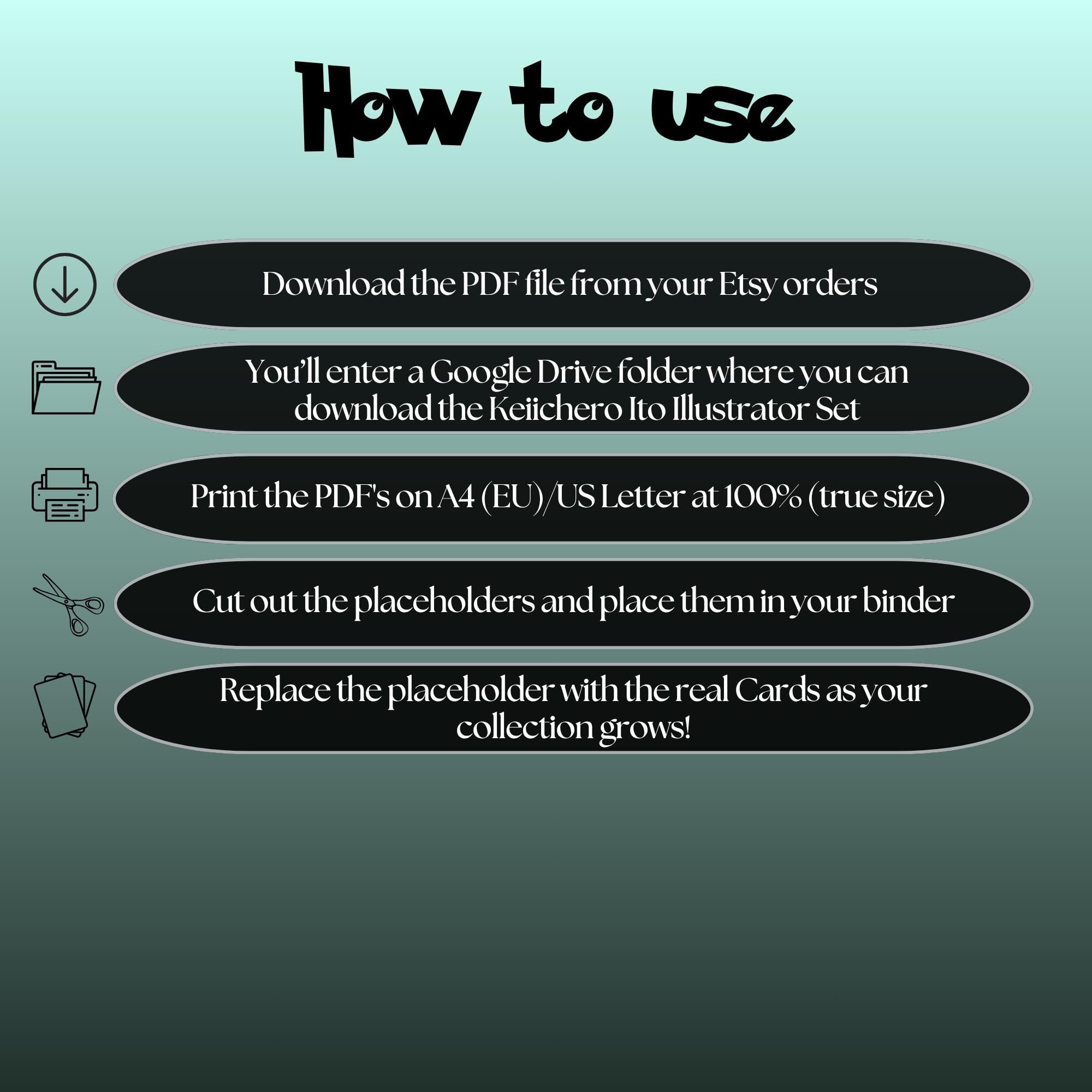 Keiichero Ito cards digital download instructions explaining how to print, cut, and place placeholders in a Pokémon binder.