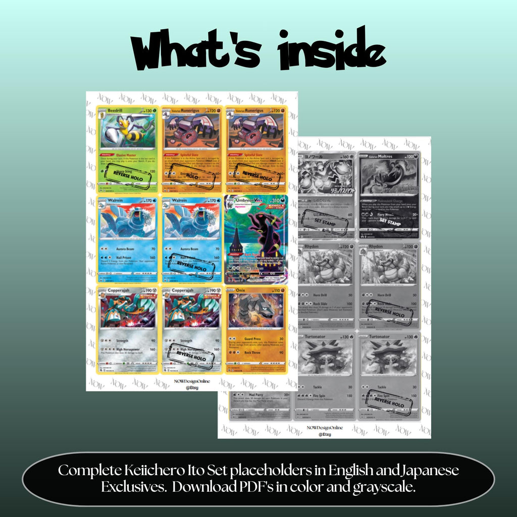 Keiichero Ito illustrator set overview showing the included Pokémon cards to print and cut for your binder sleeves.